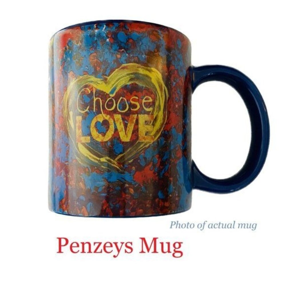 Penzeys Choose Love 12 Oz Ceramic Mug With Colorful Heart Design Large Handle